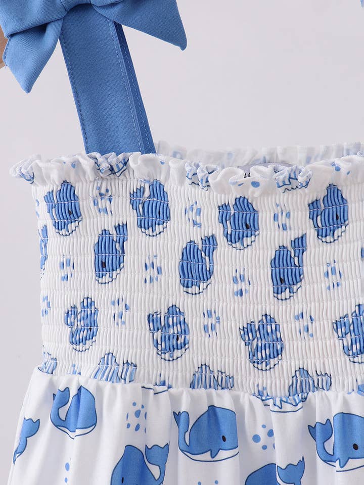 Aspen Rain Boutique - Wholesale Mommy & Me Sets - Blue whale smocked ruffle mom&me dress1