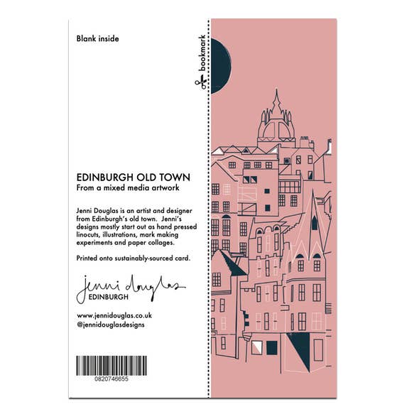 Jenni Douglas Designs – wholesale Everyday greeting card – Edinburgh Old Town Card with Bookmark Back1