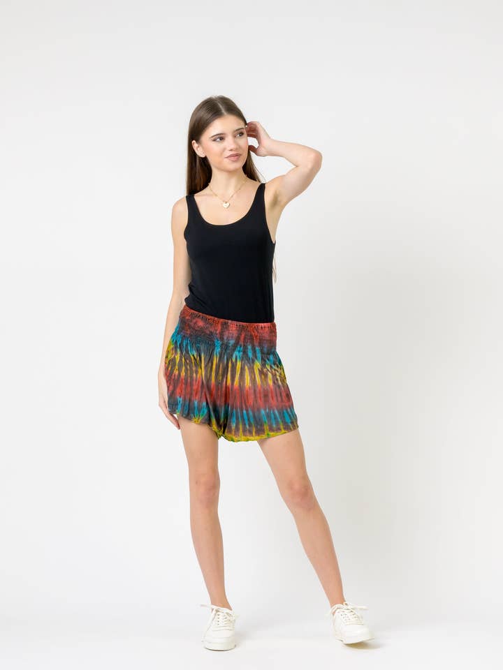 Rhea Tai-Dai Shorts, Cotton Lycra, Elastic Waist Shorts for wholesale by Rhea