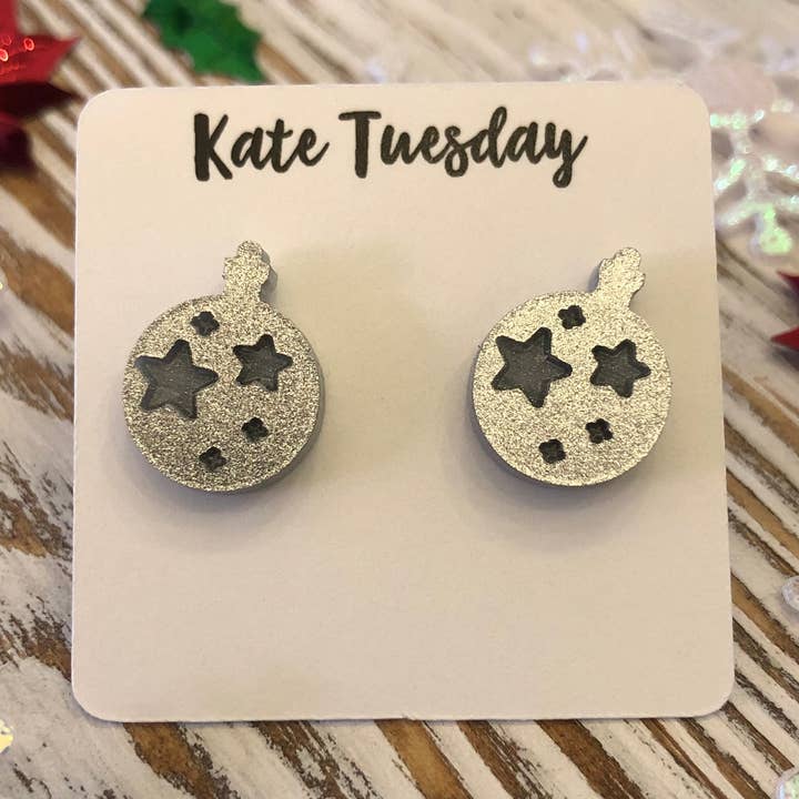 Silver Glitter Engraved Ornament Holiday Stud Earrings for wholesale by Kate Tuesday Jewelry