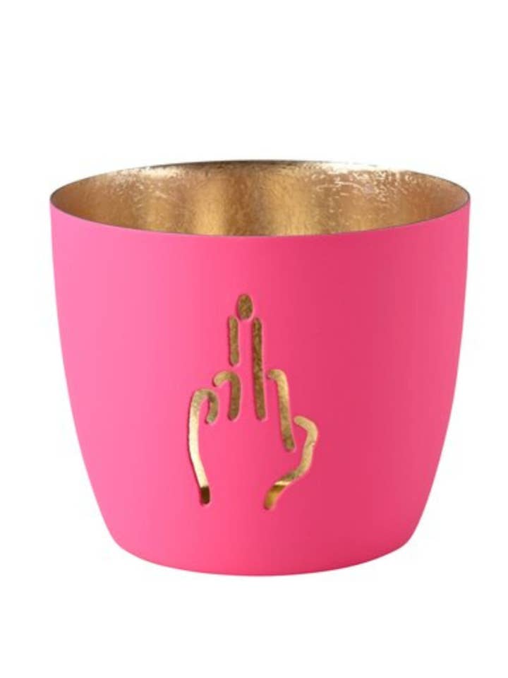 Fluorescent pink metal candle holder FUCK for wholesale by Les Vilaines Filles