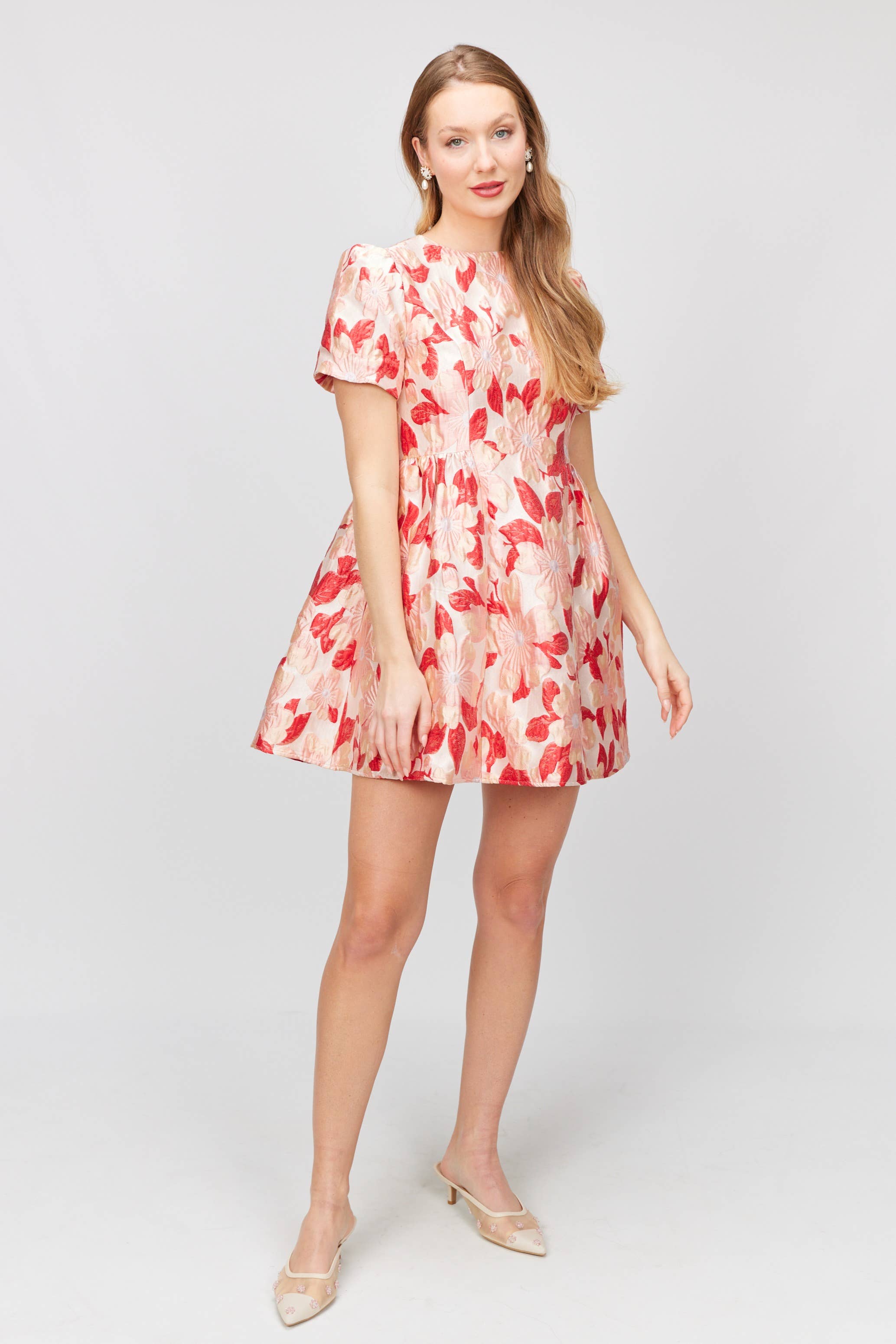 Rose/rouge Robe Mini-Jupe Trapèze en Jacquard Fleuri en vente sur Faire2