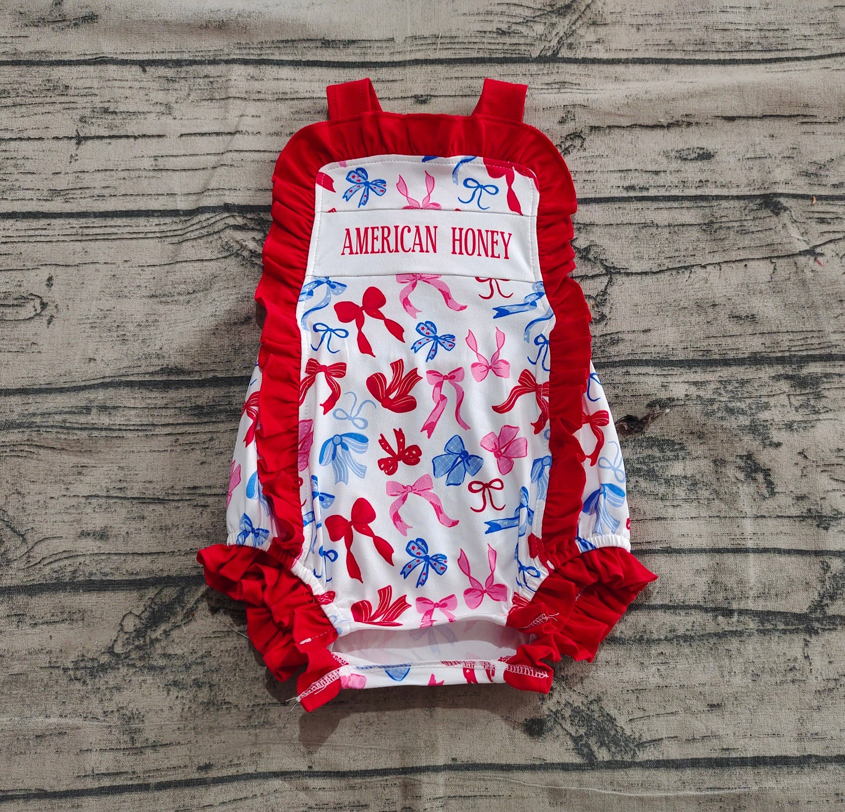 Aier Wholesale - Wholesale Bodysuit (Non-Footed) - Baby - Baby Girls Red Strap American Honey Blue Bows 4th Of July Rompers2