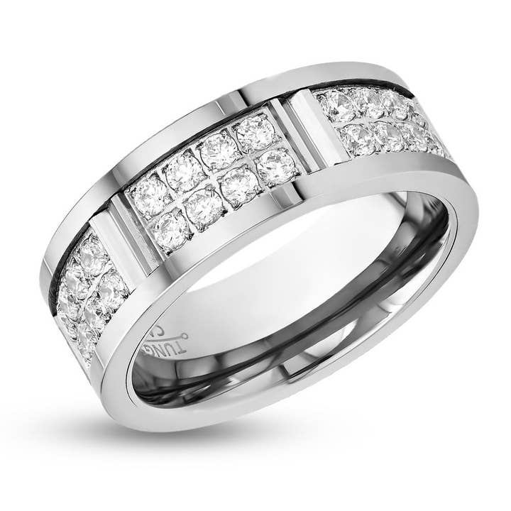 Anello di nozze in tungsteno argento - Fede nuziale da uomo da 8 mm - Anello con diamante CZ - Anello di nozze con diamante bianco (Copia) per la vendita all'ingrosso da parte di Lucky Love Rings