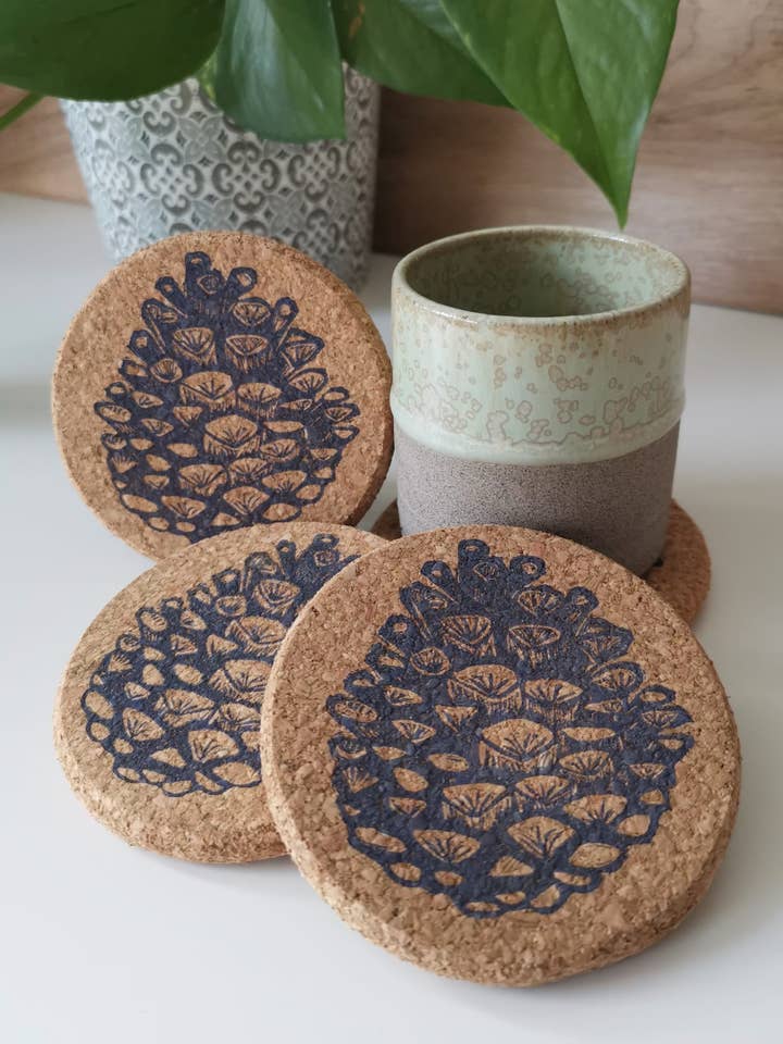 Pine cone linocut Cork coasters - set of 4 for wholesale by Jackdaw and Bear