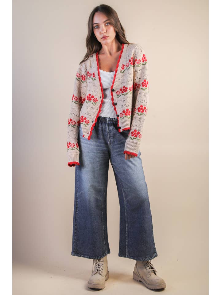 VERY J - Wholesale Cardigan - Women's - 12W3524N-Floral Graphic Detail Knit Sweater Cardigan16