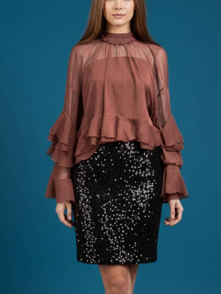 wg228-chocolade transparant overhemd met lange mouwen voor wholesale door Lilie Rose