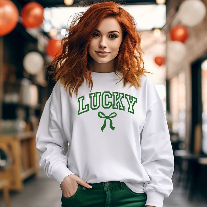 Lucky- St Patrick's Day Bow Sweatshirt for wholesale by Quality Time Designs Co