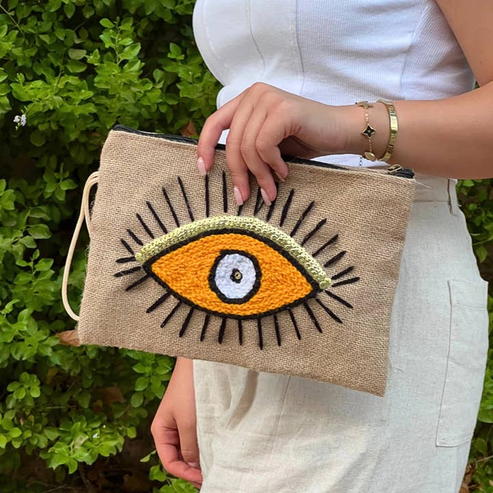 Handcrafted Boho Evil Eye Pouch – Jute Clutch with Embroide for wholesale by DarKech