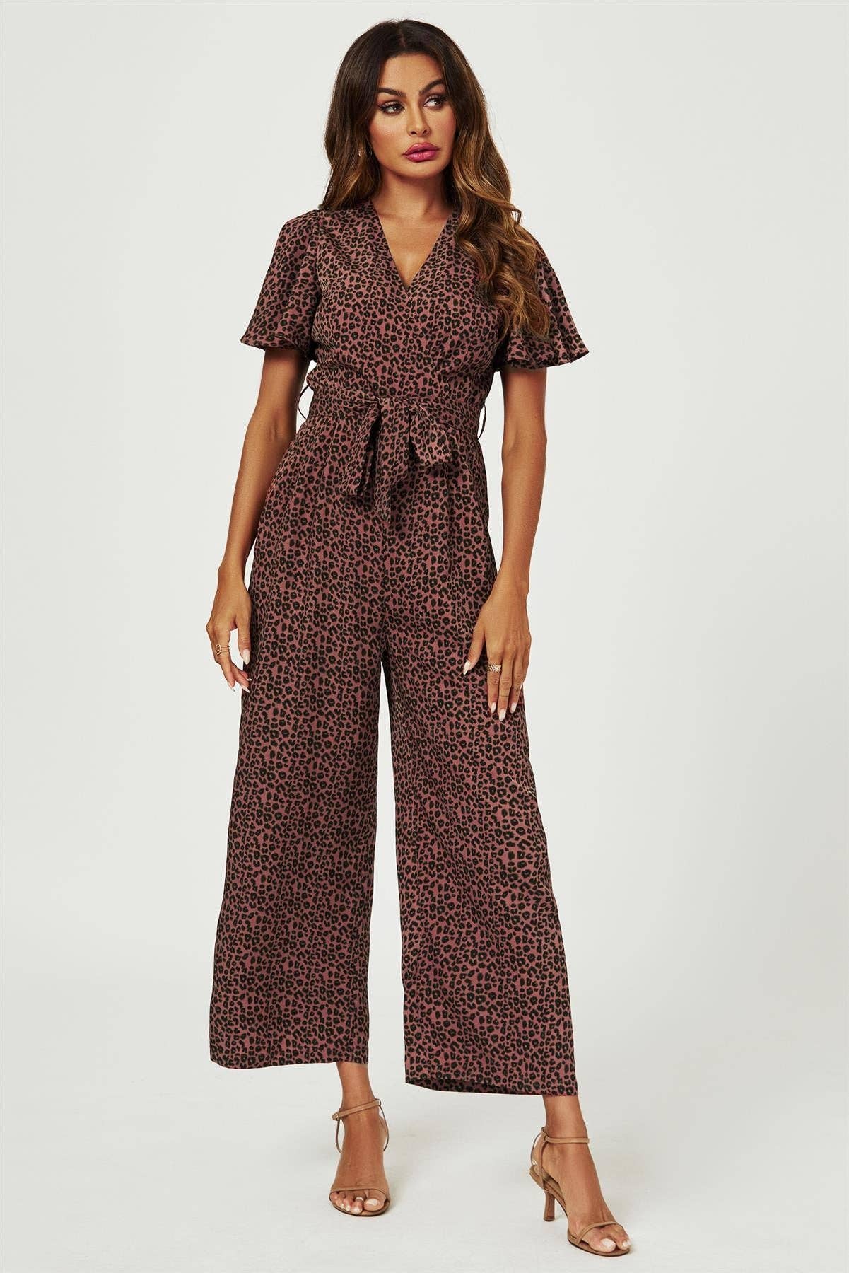 Leopard Print Wrap Top Jumpsuit In Rusty for wholesale on Faire0