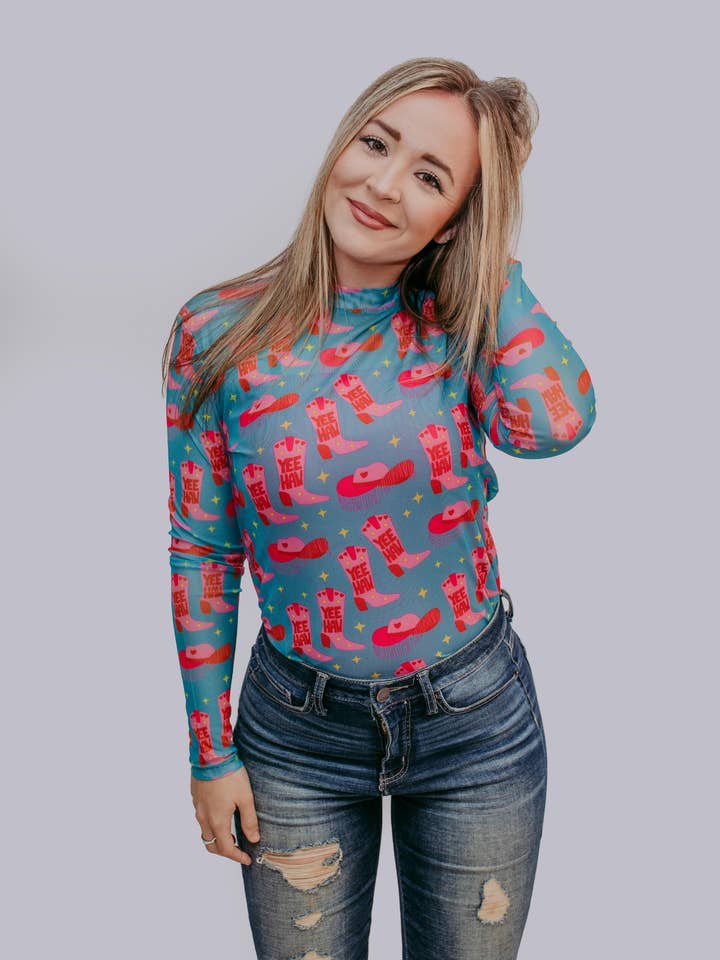 YEEHAW MK165 Yee Haw Long Sleeve Mesh Top - Multi for wholesale on Faire