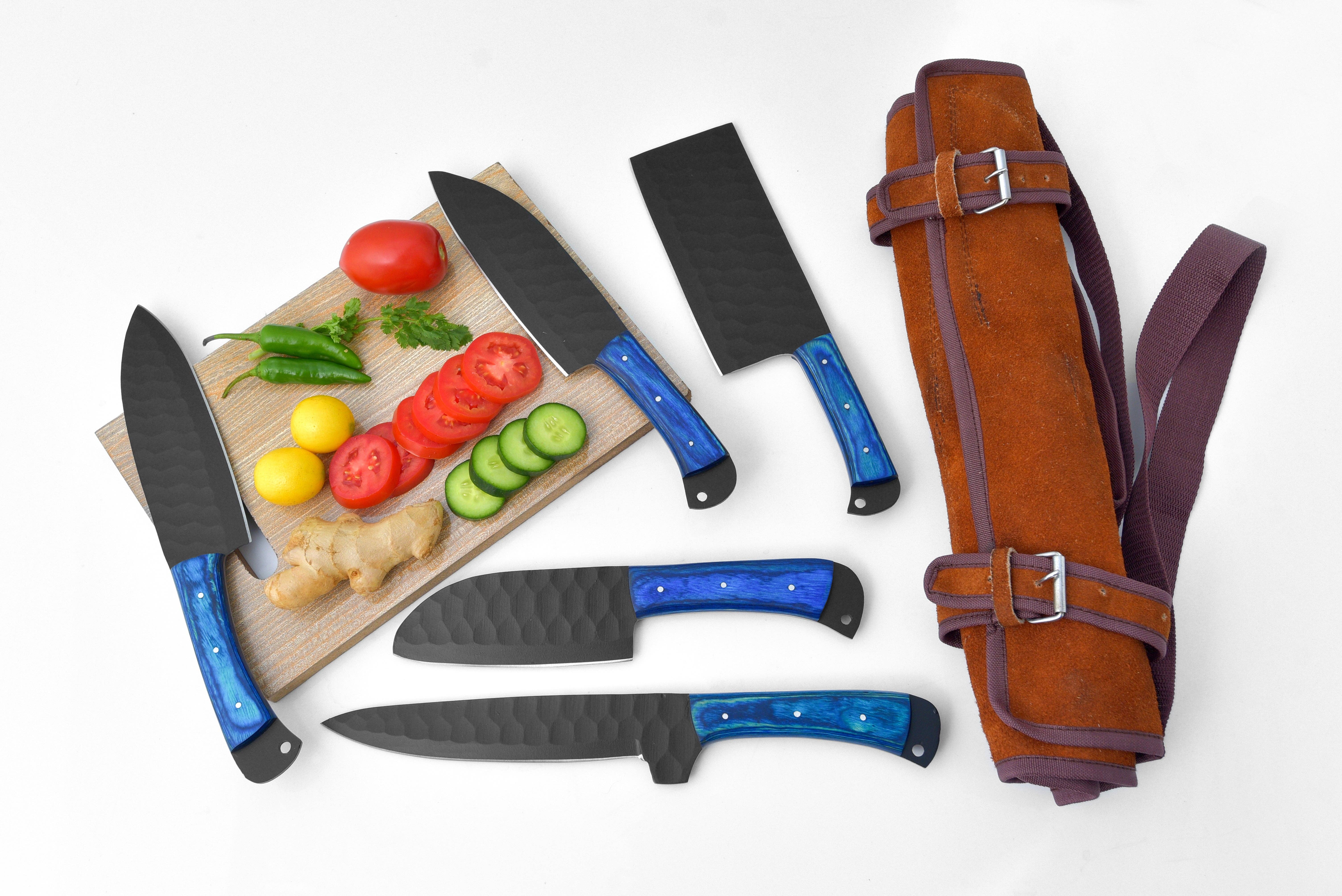 Titan International - Wholesale Knife Set - 5-Piece  Knife Set / With Leather carry Bag Blue1