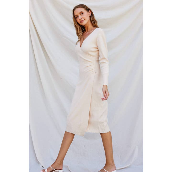 Dress Forum - Wholesale Knit Sweater - Women's - Surplice Ruched Side Midi Knit Dress1