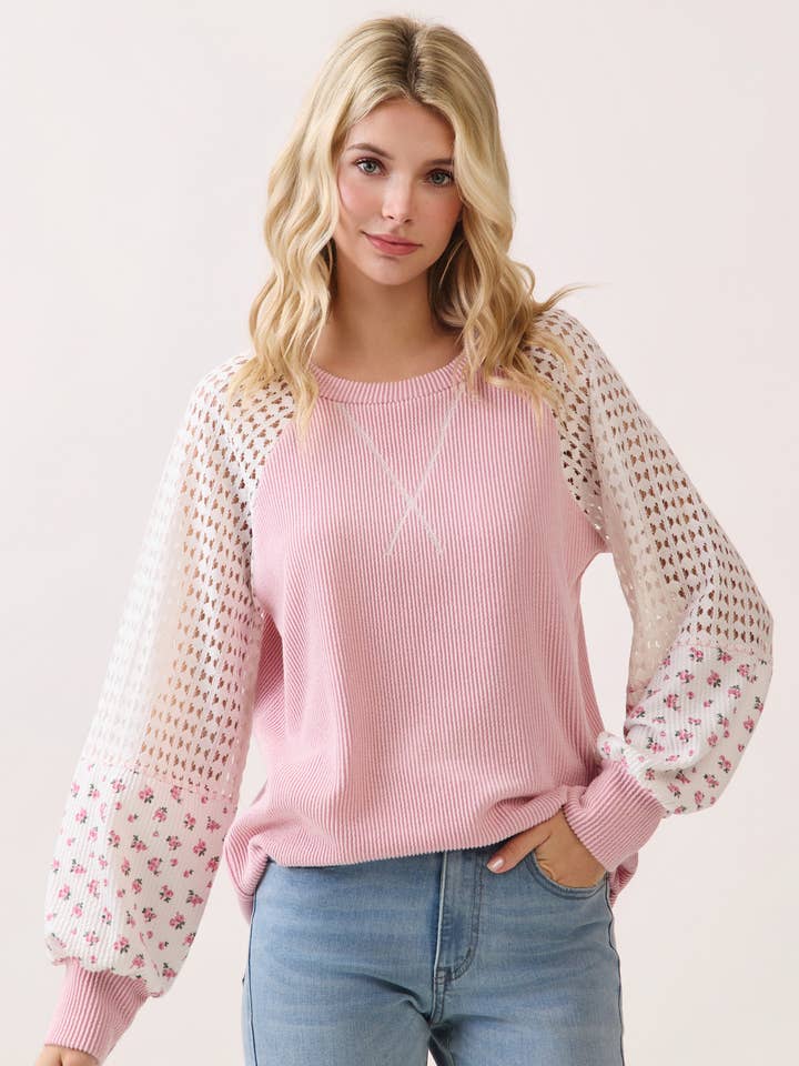 Jersey de punto de crochet y mangas con contraste floral T6119 para venta al por mayor de 7th Ray