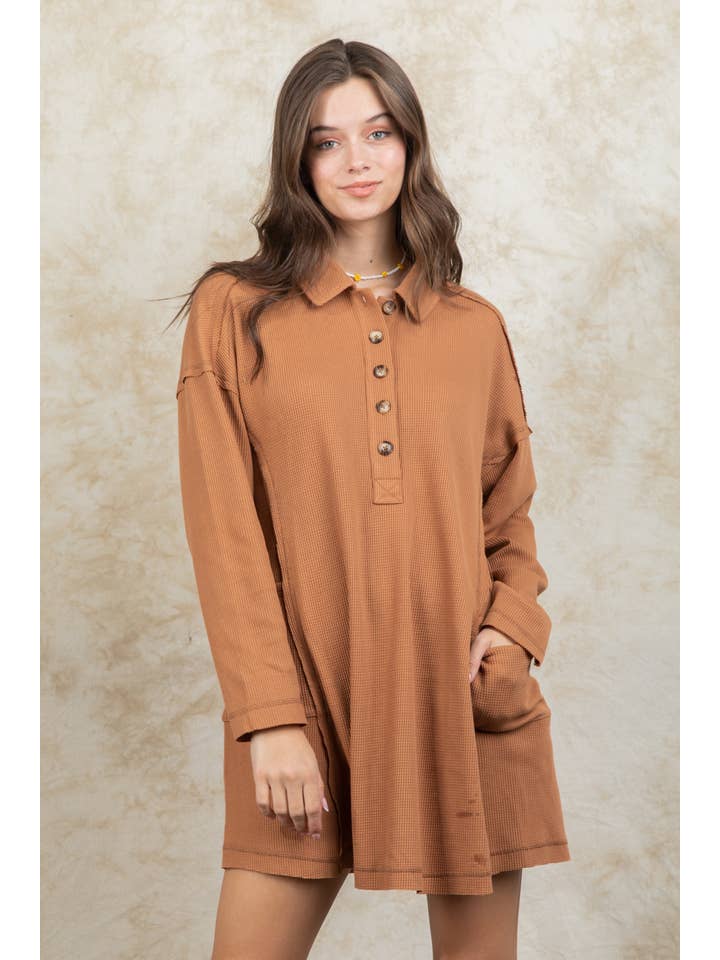VERY J - Wholesale Dress - Women's - ND31005X-PLUS SIZE Casual Shirt Collared Knit Mini Dress