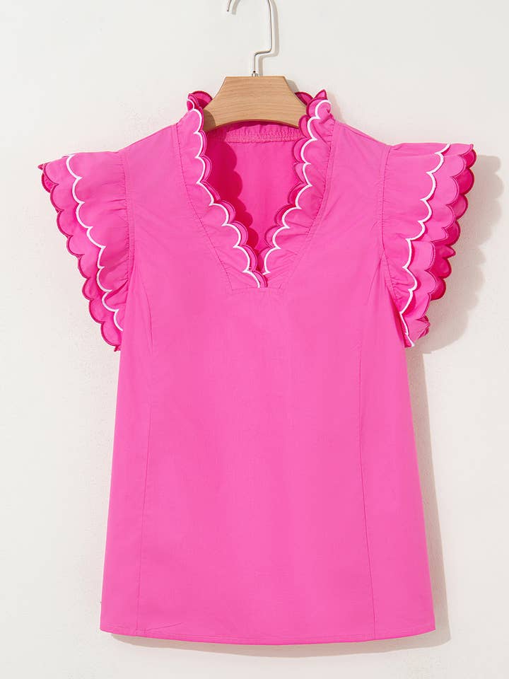 FULL TIME PURCHASE - Wholesale Blouse - Women's - Contrast Scallop Trim Layered Short Sleeve V Neck Blouse