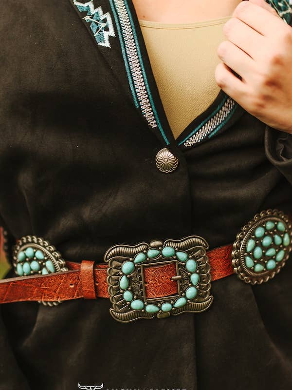 Cintura in pelle di elefante marrone con pietra ovale turchese. per la vendita all'ingrosso da parte di LUCKY & BLESSED