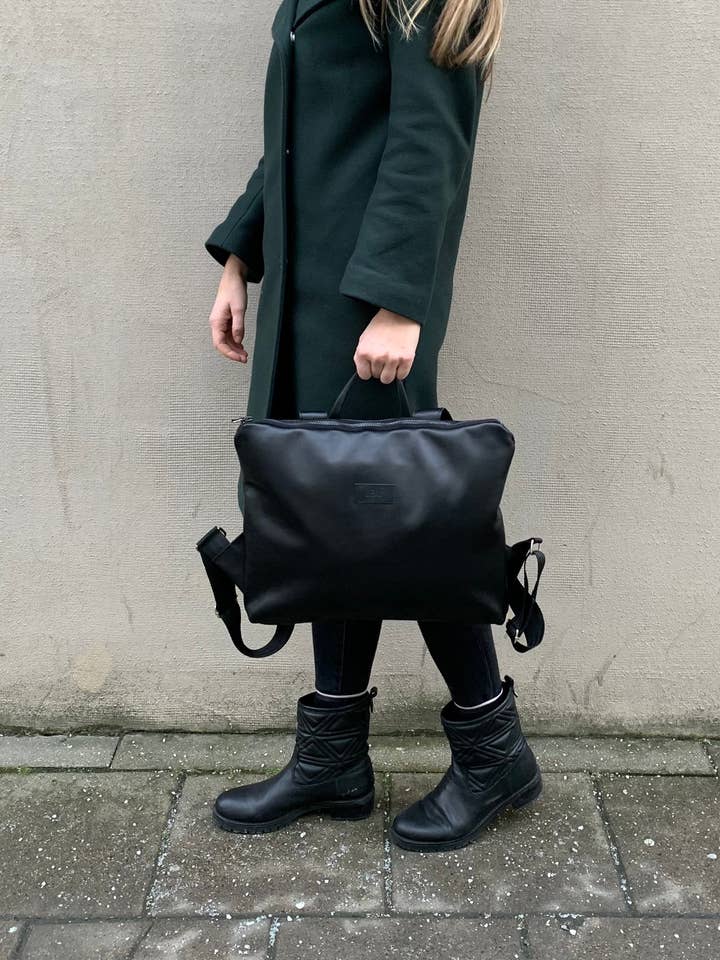 Minimalist Black Leather Backpack Purse, Black Rucksack for wholesale by LeaF