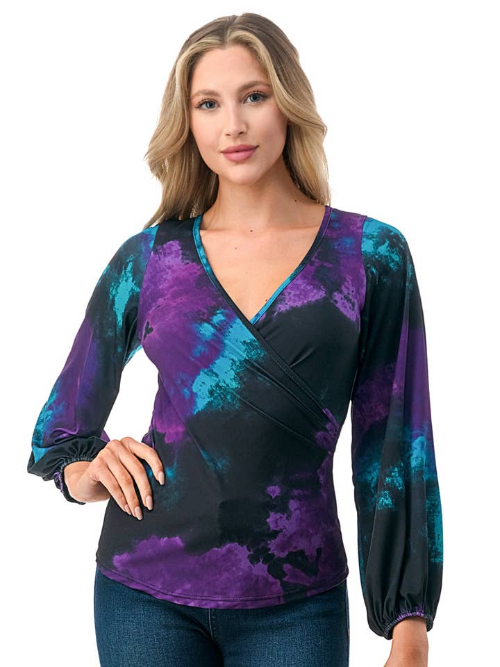 CORDELIA SURPLICE TOP (PURPLE TEAL TIE DYE)- VT3157 for wholesale by VAVA by Joy Han