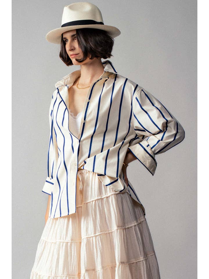 IVORY BLUE Oversized Coastal Stripe Button-Down Shirt for wholesale on Faire