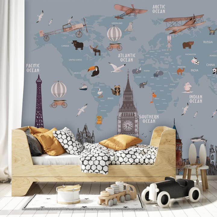 GK Home Decor – wholesale Wallpaper – Architectural Structures Funny World Map Removable Wallpaper1
