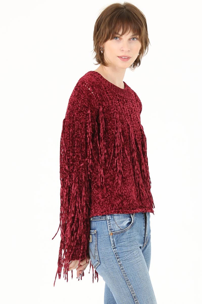 ANGIE - Wholesale Knit Sweater - Women's - XHH31-ASIS CHENILLE FRINGE PULLOVER SWEATER32