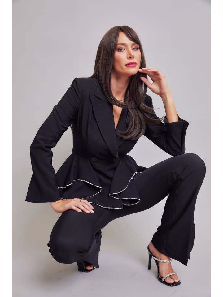 Black Woven Double Breasted Blazer with Ruffle Peplum & Pants Set for wholesale on Faire1