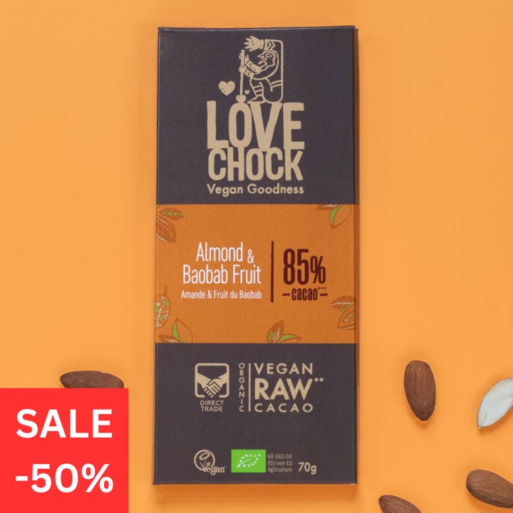 Chocolat 85% amande & baobab - 50% DDM 04/07/2026 pour la vente par Lovechock NL