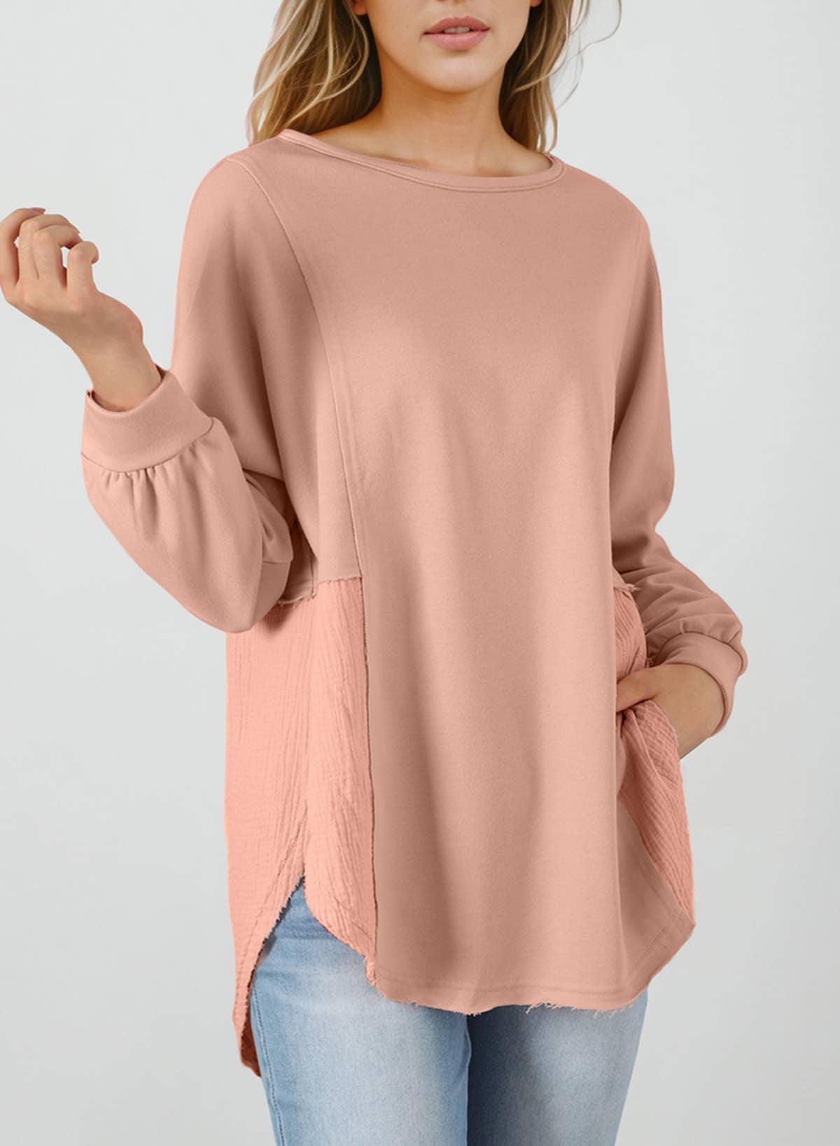 Lovesoft - Wholesale Tunic - Women's - Crinkle Splicing Raw Hem High Low Oversized Blouse5