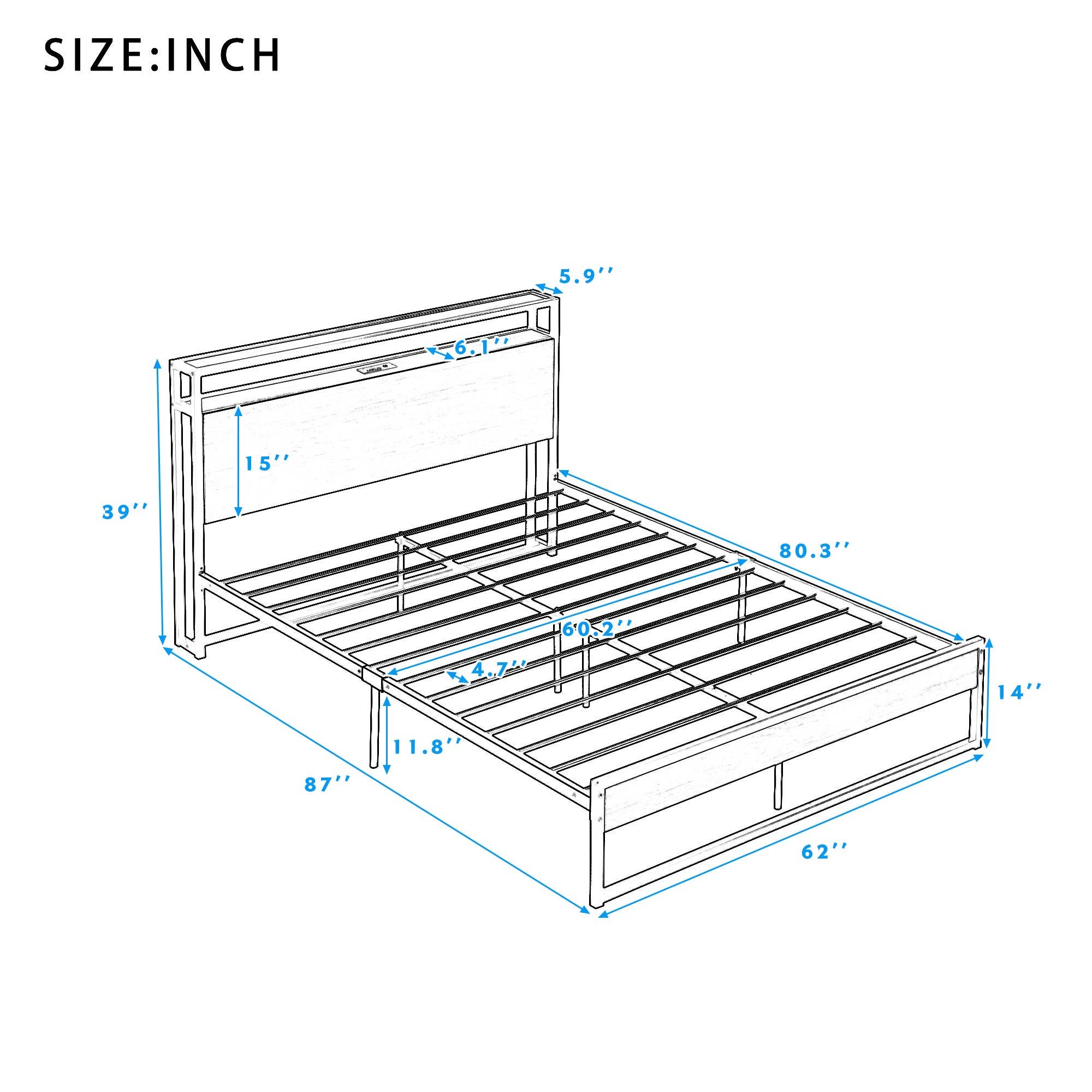 VTNG50 - Wholesale Bedroom Furniture - Queen Size Metal Platform Bed Frame with Sockets, USB Ports16