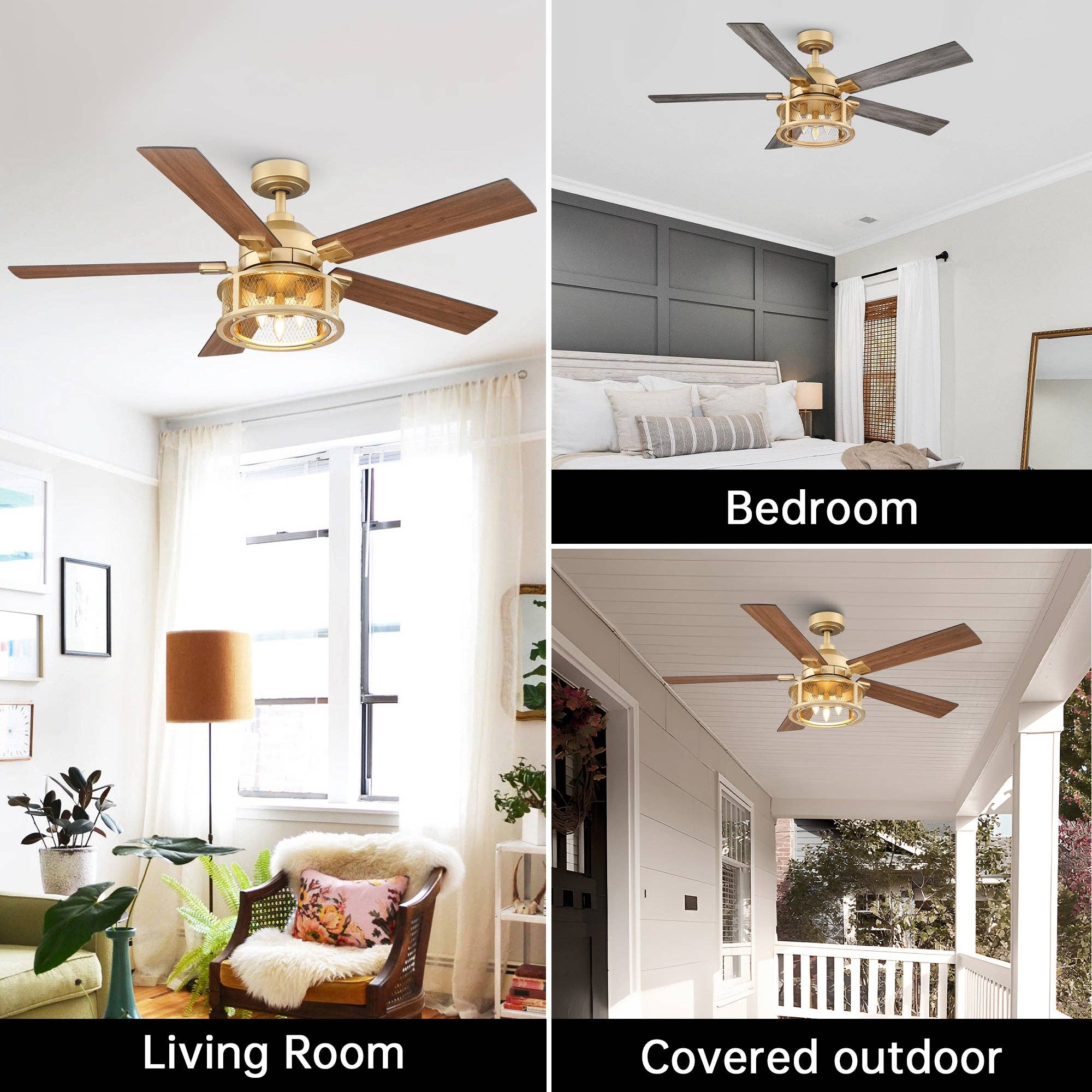 Brio Lighting - Wholesale Ceiling Fan - Ceiling Fan Farmhouse 52" Gold Reversible 5-Blade 3-Light9