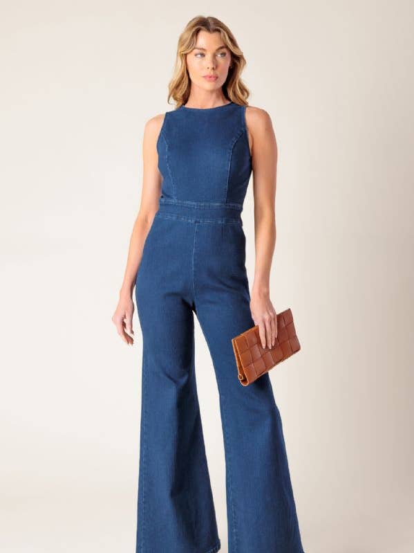 MEDIUM INDIGO A washed stretch denim jumpsuit - IP8725-A for wholesale on Faire