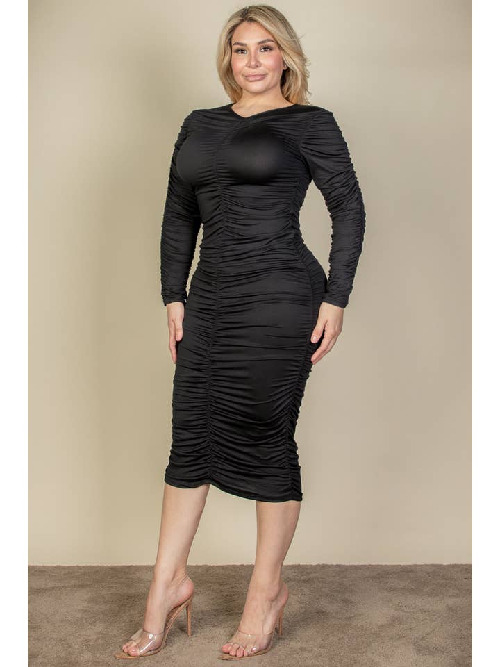 CAPELLA APPAREL - Wholesale Dress - Women's - Plus Size Ruched Long Sleeve Midi Dress2
