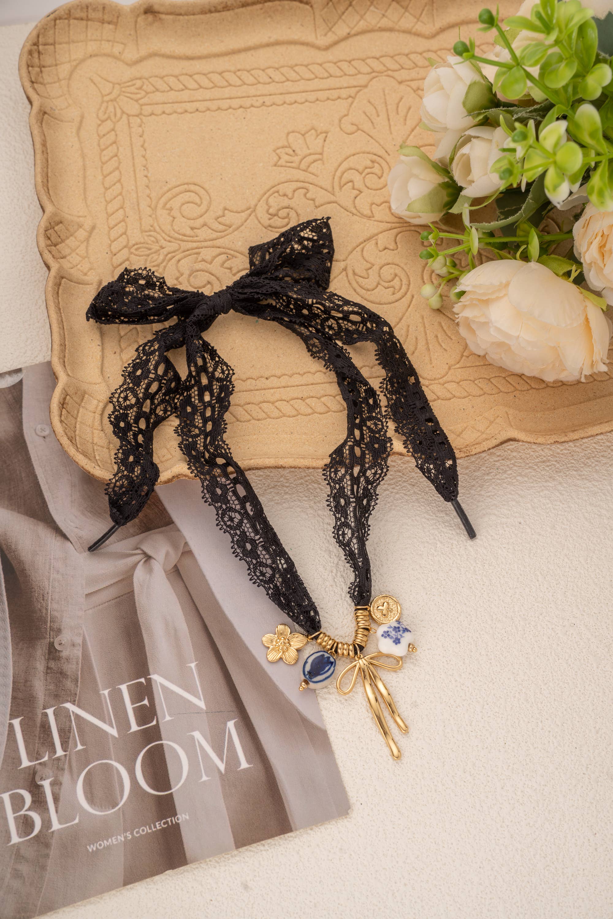 COSMOS - Wholesale Pendant/Charm Necklace - Mystic Elegance Black Lace Necklace Charm Stone Bow3