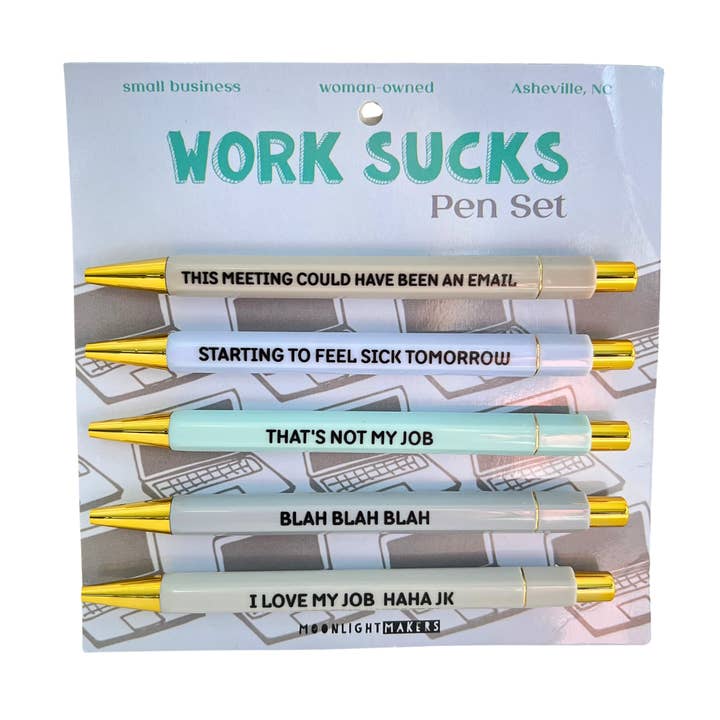 Moonlight Makers - Wholesale Pen - Work Sucks - Funny Pen Set - Office Humor, Gift for Coworker