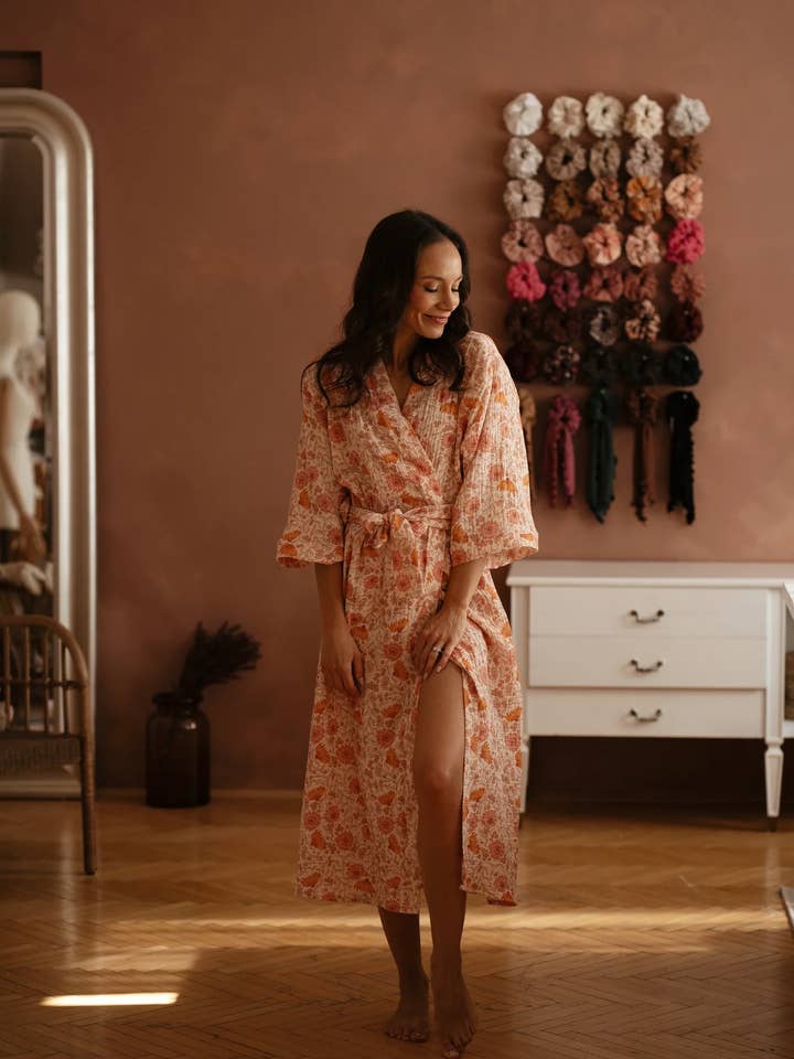 Muslin robe / floral honey rose for wholesale by Evelina Apparel