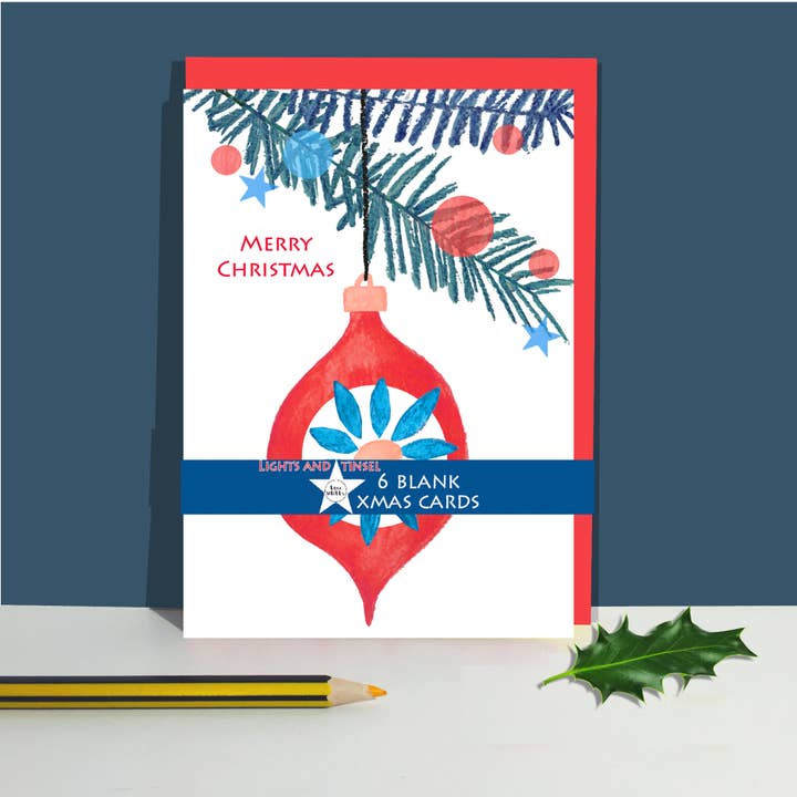 Julekort med 6 pakker - rød og blå kugle for engroshandel hos Lou Mills