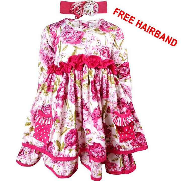 Baby Girls Christmas Peony Flower Twirl Dress Hot Pink for wholesale by Angeline Kids