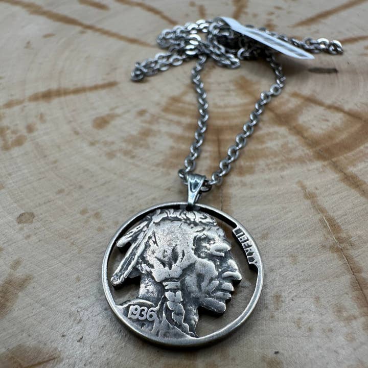 U.S. Buffalo Nickel Hand Cut Coin Necklace (Front) for wholesale by Mountainstruck Coin Rings and Jewelry