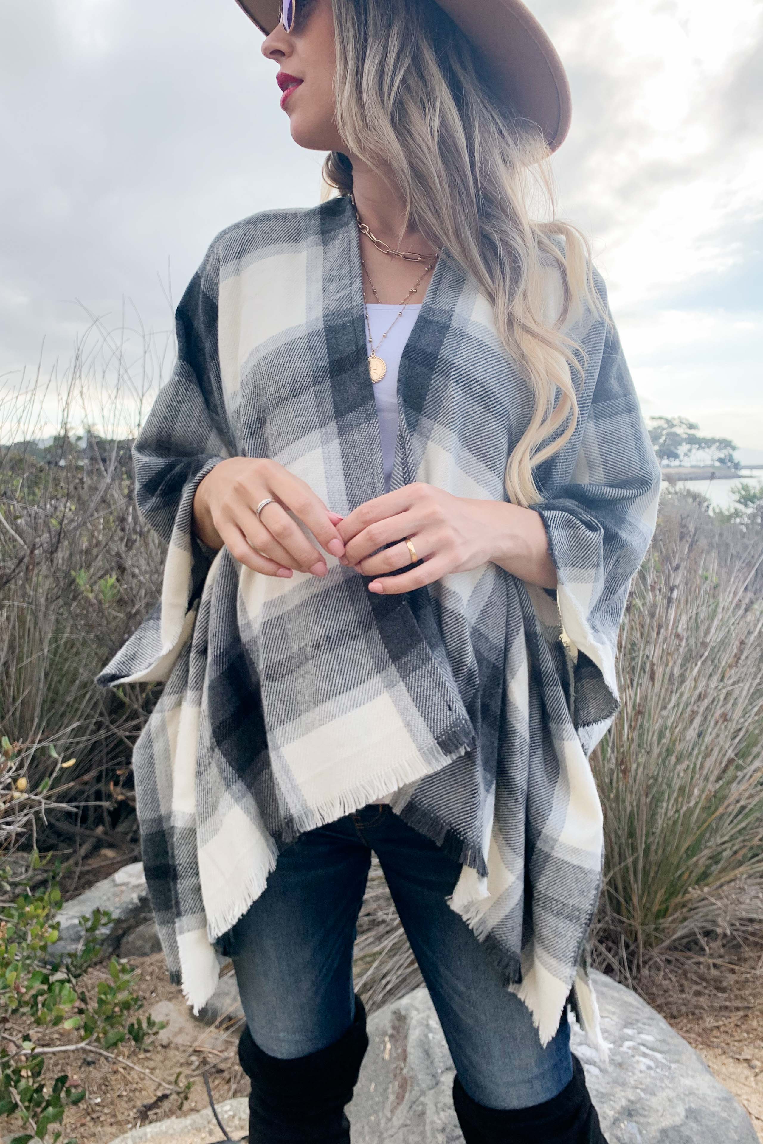 Grey Plaid Printed Cozy Knitted Kimono Cardigan With Fringe for wholesale on Faire4