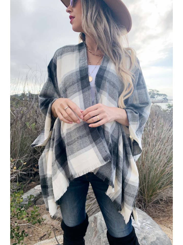 Grey Plaid Printed Cozy Knitted Kimono Cardigan With Fringe for wholesale on Faire4