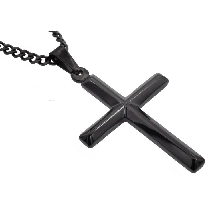 Men's Black Stainless Steel Cross Pendant With 24" Curb Chain for wholesale by Blackjack Mens Jewelry