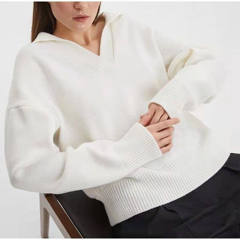 HIDDENBRAND - Wholesale Knit Sweater - Women's - Lapel V-neck Loose Long Sleeve Knit Pullover Sweater丨S-3XL7