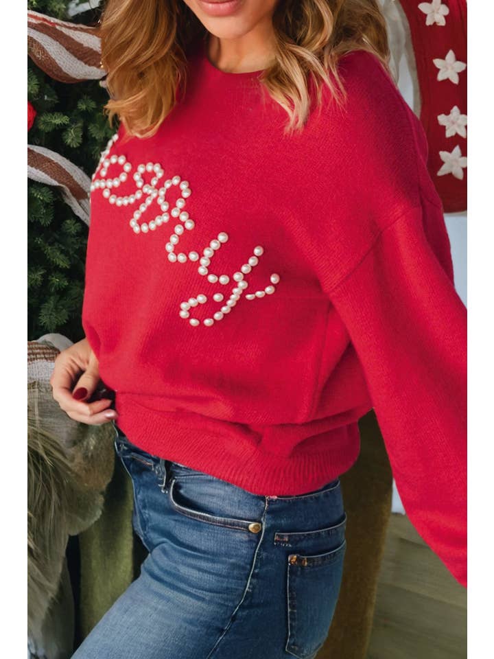 Little Daisy Closet - Wholesale Knit Sweater - Women's - LDC Pearl Beaded Merry Casual Sweater