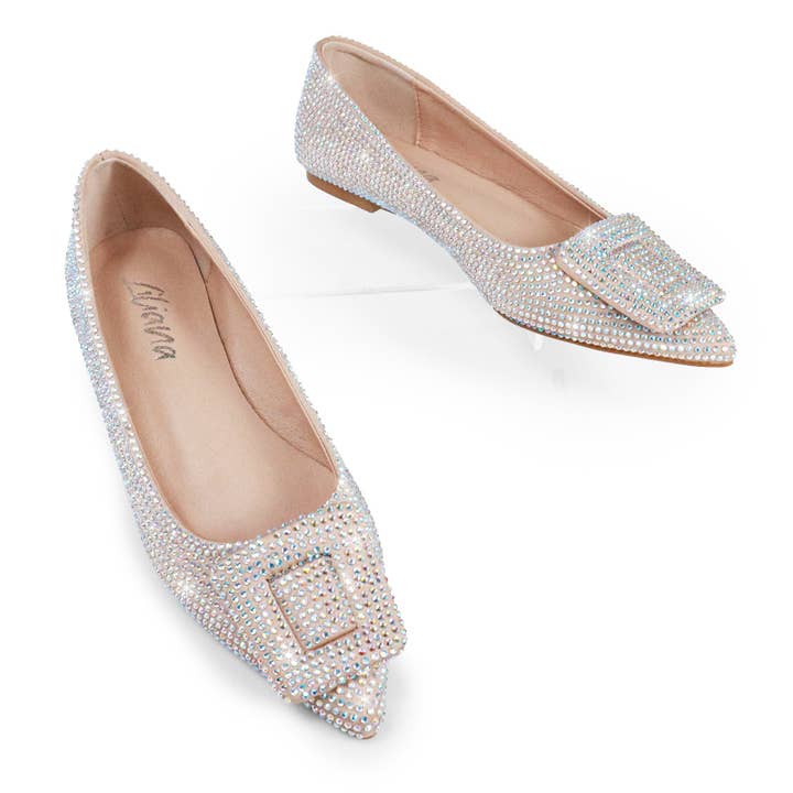 LIZ-2 POINTED TOE FLATW/RHINESTONE BUCKLE CHAMPAGNE for wholesale on Faire2
