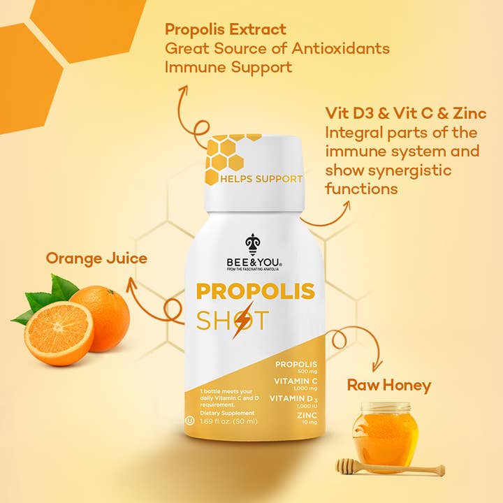 BEE&YOU - Wholesale Oral Supplement/Vitamin - Propolis + Vit D3 + Vit C + Zinc Shot, 1.69oz x 12