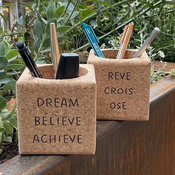 Pencil holder cork with motivational quote for wholesale by Bag Affair