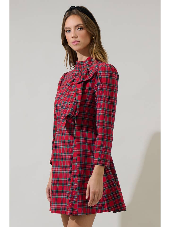 Red Multi Arvada Plaid Padma Bow Mini Dress for wholesale on Faire