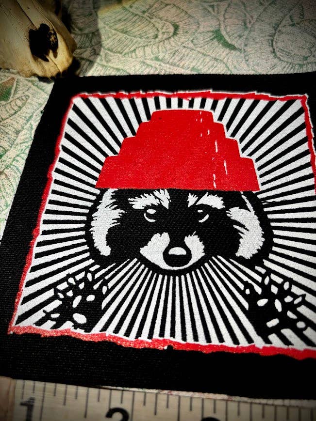 Three Raccoons - Wholesale Patch - Are We not Trashy? Raccoon with a Devo hat patch.1