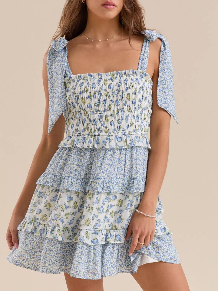 Rosa Clothing - Wholesale Dress - Women's - Floral Smocked bodice tiered mini sundress w bow straps